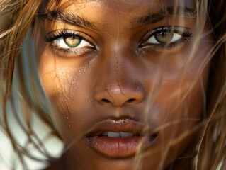 Wall Mural - An African American young woman with beautiful eyes close-up. Well-groomed skin. Beauty and health.