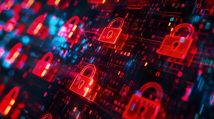 Glowing red padlocks representing cybersecurity and data protection overlaid on a dark high-tech background with binary code, abstract digital security concept