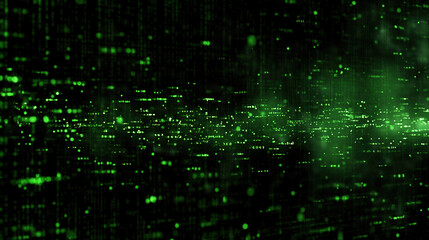 Wall Mural - Dark digital background with glowing green dots and sparkles. Business, technology, science cyberspace, electronics abstract. Black space with lots of random shiny lights.