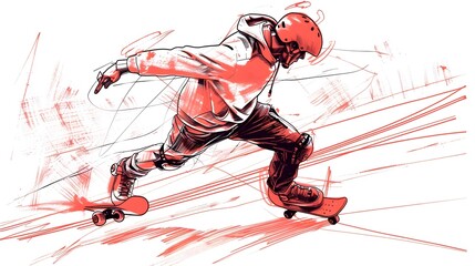 Roller Skater Performing Tricks in One-Line Sketch Silhouette