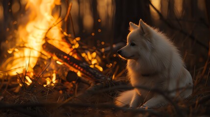 Japanese Spitz by a bonfire