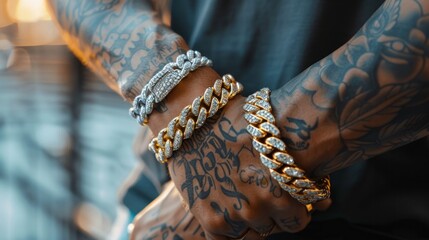 man wearing two cuban link bracelets, one in gold and the other silver with diamonds. open hand tattoo on his arm