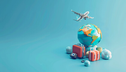 Wall Mural - 3D isometric icon of a travel concept with planet, airplane, and suitcase. Concept of global travel and tourism by AI generated image