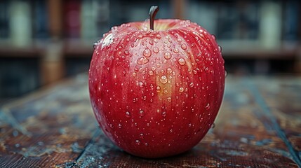 Sticker - red apple on a wooden table