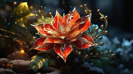 Wall Mural - A Christmas-themed flower with red and green petals, adorned with tiny ornaments and lights, set against a snowy landscape  