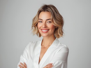 Wall Mural - Beautiful, confident blonde woman wears white clothes and smiles on a grey background. Copyspace. Businesswoman. Company employee.