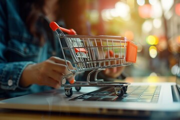 Wall Mural - A woman is shopping online and has a shopping cart on her laptop