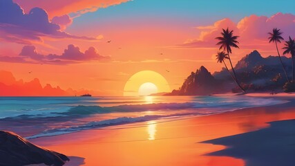 sunset beach scene, high quality, color art Geneative AI