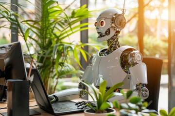 Poster - cheerful customer service robot at computer in blurred office setting with copy space
