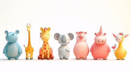 Wall Mural - Cute animal lineup of giraffe, hippopotamus, horse, flamingo, koala in 3d style white background.