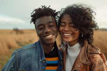 Wall Mural - Portrait of a jovial mixed race couple in their 20s wearing a trendy bomber jacket isolated in quiet countryside landscape