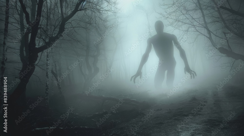 Eerie forest scene with a mysterious shadowy figure emerging from the ...