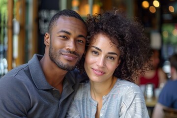 Wall Mural - Portrait of a tender multiethnic couple in their 30s wearing a sporty polo shirt while standing against bustling city cafe