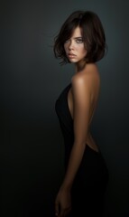 Wall Mural - A brunette woman with a bob hairstyle wears a black dress on a black background. Fashion and beauty.