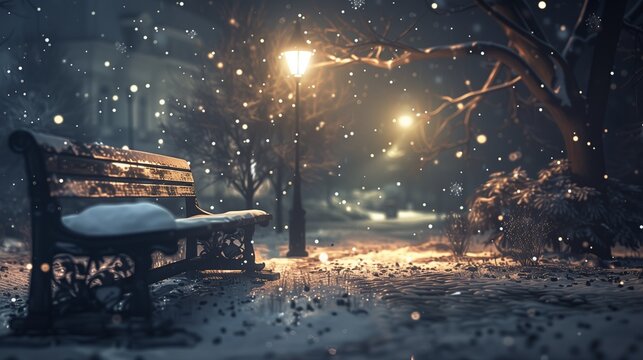 A bench in a peaceful snowy park at night, bathed in the soft light of a nearby streetlamp, with snowflakes creating a magical atmosphere.