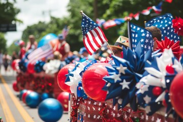 Experience the excitement of a Fourth of July parade with colorful floats, American flags, and joyful patriotic decorations.