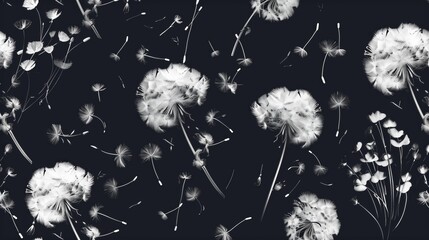 Wall Mural - Modern illustration of a dark seamless pattern with white wind blowing in Dandelion flowers Beautiful hand-drawn illustration on a black background for fashion fabric as well as all other prints.