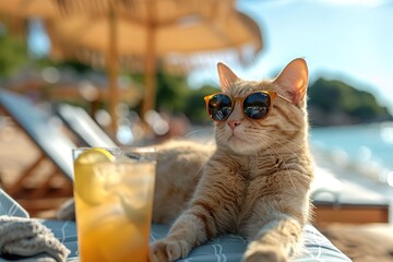 Wall Mural - The beige cat is sitting in the beach chair under a yellow straw umbrella and drinking cocktail