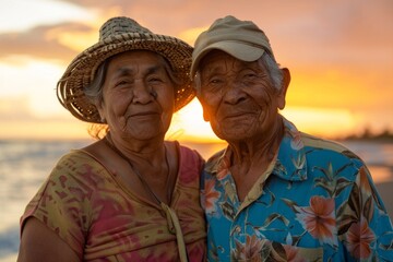 Wall Mural - Portrait of a joyful latino couple in their 80s sporting a breathable hiking shirt in front of beautiful beach sunset