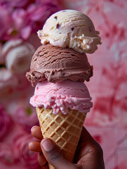 Hand holding an ice cream cone with two scoops pink chocolate ice cream against pink background