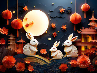 Wall Mural - Mid autumn festival paper art style with full moon, moon cake, chinese lantern and rabbits on background.