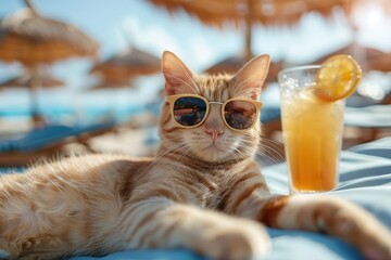 Wall Mural - The beige cat is sitting in the beach chair under a yellow straw umbrella and drinking cocktail