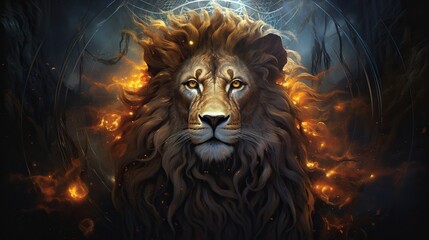 Wall Mural - A conceptual illustration of a lion as a symbol of wisdom and insight, with imagery evoking intelligence and intuition  