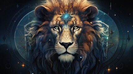 Wall Mural - A conceptual illustration of a lion as a symbol of wisdom and insight, with imagery evoking intelligence and intuition  