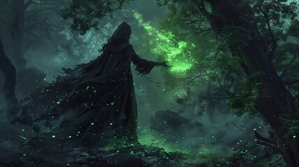 Wall Mural - Dark Fantasy Sorceress. A powerful sorceress casting spells in a dark enchanted forest.