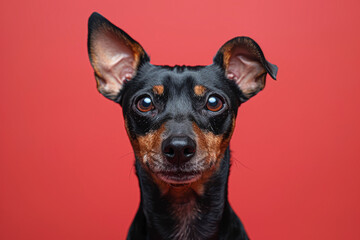 Wall Mural - A small black and brown dog with brown eyes is staring at the camera