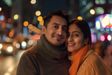 Wall Mural - Portrait of a satisfied indian couple in their 30s wearing a classic turtleneck sweater isolated in bustling city street at night