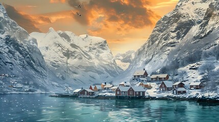 a serene winter scene of a small fishing village nestled on a snow-covered mountainside. The sky, painted in hues of orange, serves as a stunning backdrop to the majestic mountains 