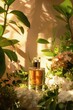 © Cupcake - Perfume bottle with flowers, plants, light brown and green style as background, neat and interesting composition, soft colors, sunny, product photography, better image quality.