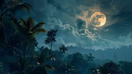 Wall Mural - a surreal scene of a tropical jungle at night, under a full moon