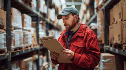 Poster - A man in a red jacket is looking at a clipboard in a warehouse