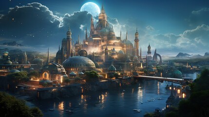 A depiction of the legendary city of Atlantis, with advanced technology and underwater architecture 