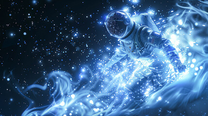 Wall Mural - A man in a spacesuit is riding a wave of blue light