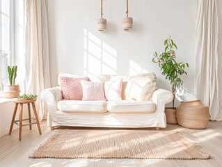 Canvas Print - A living room with a white couch, a plant, and a basket