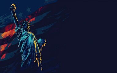 Statue of Liberty with an American flag waving in front, set against a dark blue background Generative AI