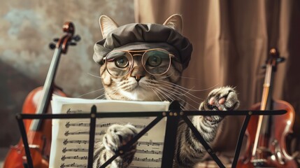 Wall Mural - A cat in sophisticated glasses and a vintage teacher's cap, conducting a music class with instruments and a music stand in front.