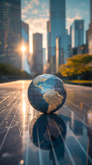 Wall Mural - A globe is sitting on a table in front of a city skyline