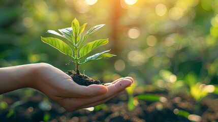 Wall Mural - A hand holding a small plant in dirt