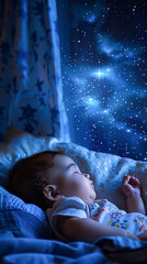 Wall Mural - A baby is sleeping in a bed with a blue curtain behind him