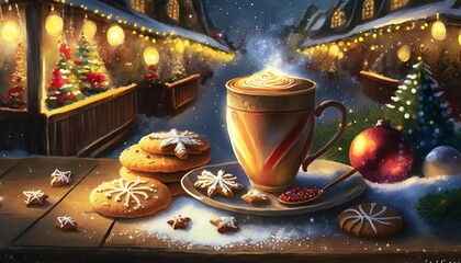 Canvas Print - cup of coffee with christmas cookies