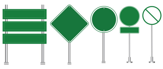 Wall Mural - Set of road signs isolated on a white background. Green traffic signs.Blank board with place for text. Isolated information sign. Vector illustration.