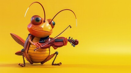 Wall Mural - A charming 3D cartoon cricket character playing a tiny violin, designed as a mascot for a music school. The background is a cheerful yellow.