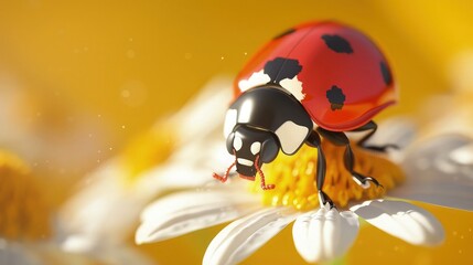 Wall Mural - A charming ladybug 3D cartoon character with a friendly face, crawling on a daisy, ideal for a childrena??s gardening kit icon. The background is a cheerful yellow.