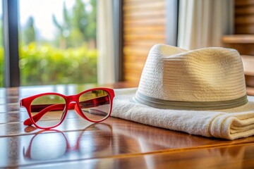 white towel on desk and red glasses with hat