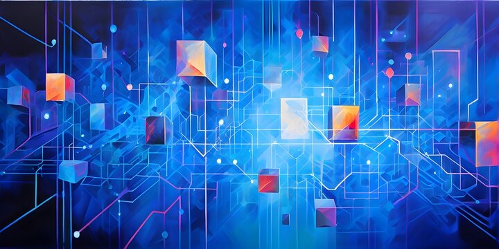 abstract artwork illustrating blockchain technology with interconnected geometric shapes symbolizing network