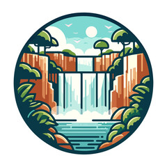 waterfall and canyon badge illustration for t shirt or sticker